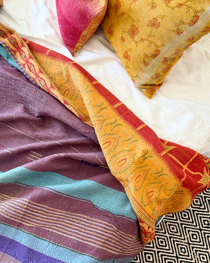 Extra Large Fine Stitched Vintage Kantha Quilt in Mustard Yellow, Red and Blue