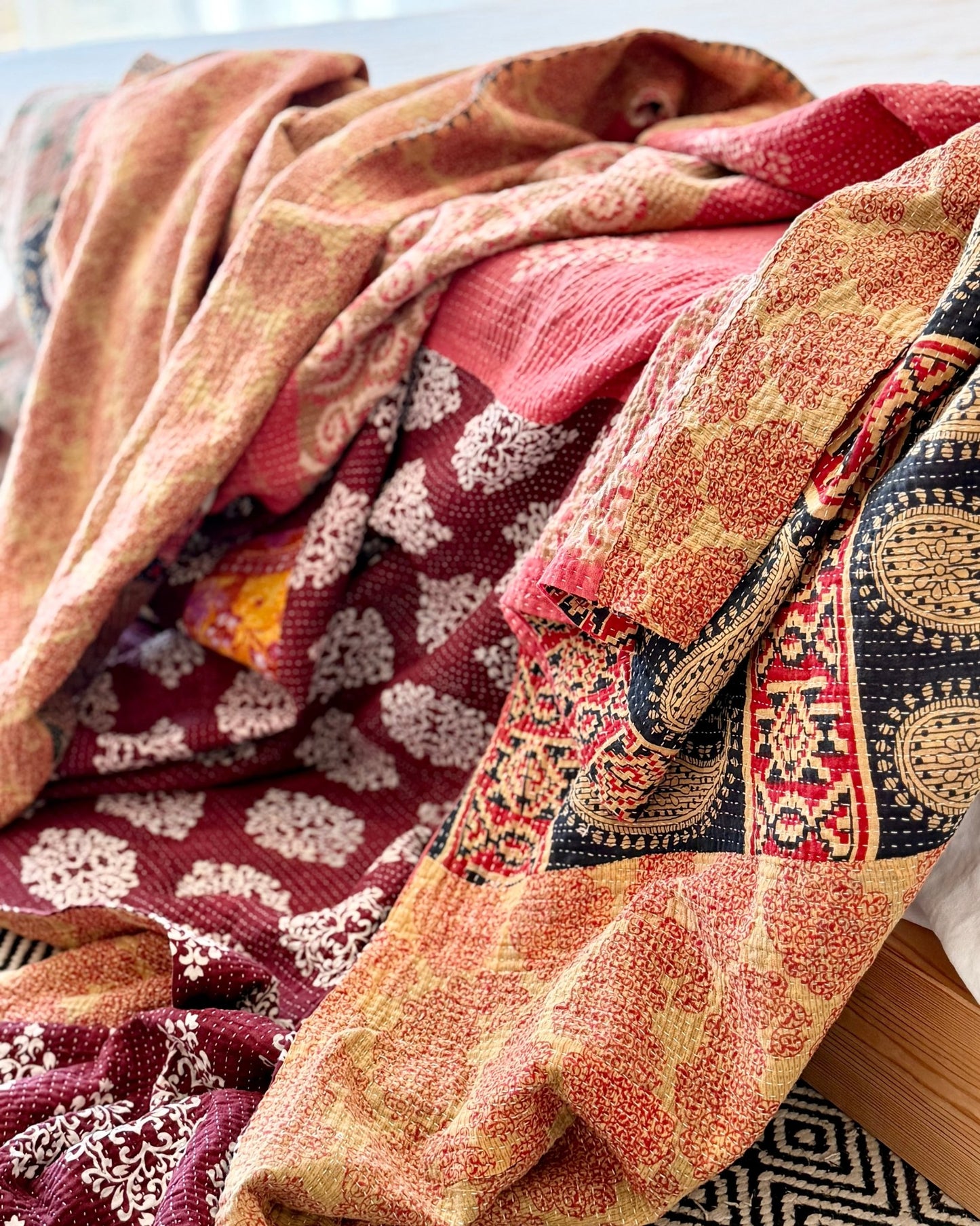 Large Fine Stitched Vintage Kantha Quilt in Pinks, Burgundy and Yelllows - Biggs & Hill