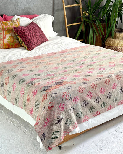 Embroidered Vintage Kantha Quilt in Pink and White - Biggs & Hill