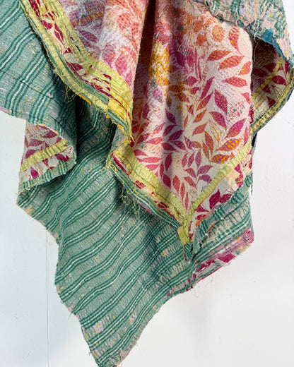 Textured Vintage Kantha Quilt In Pink and Yellow