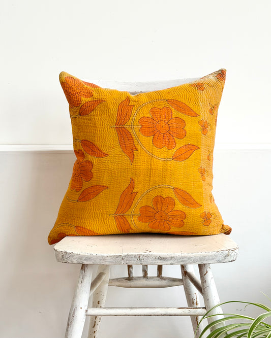 Vintage Kantha Cushion In Yellow Floral - 45cm Square