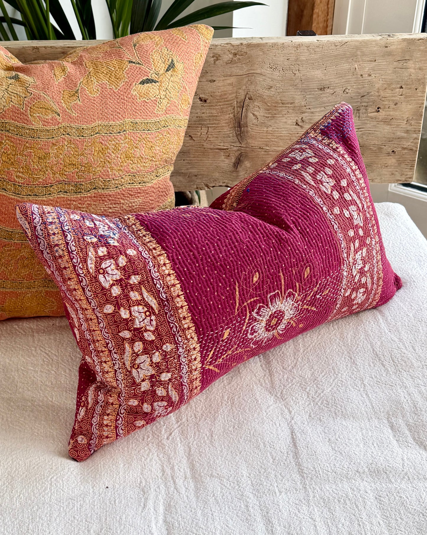 Vintage Kantha Cushion In Burgundy and Gold - Small Rectangular