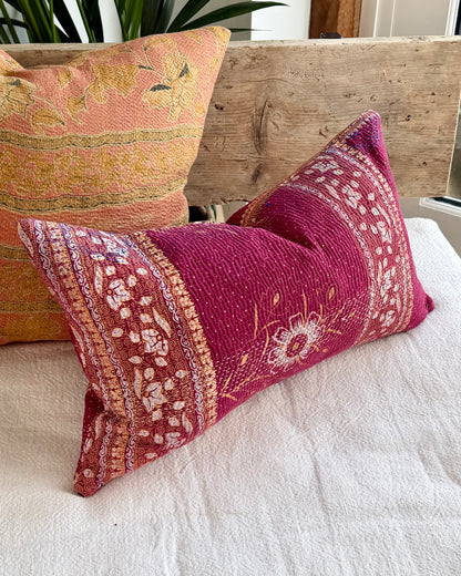 Vintage Kantha Cushion In Burgundy and Gold - Small Rectangular