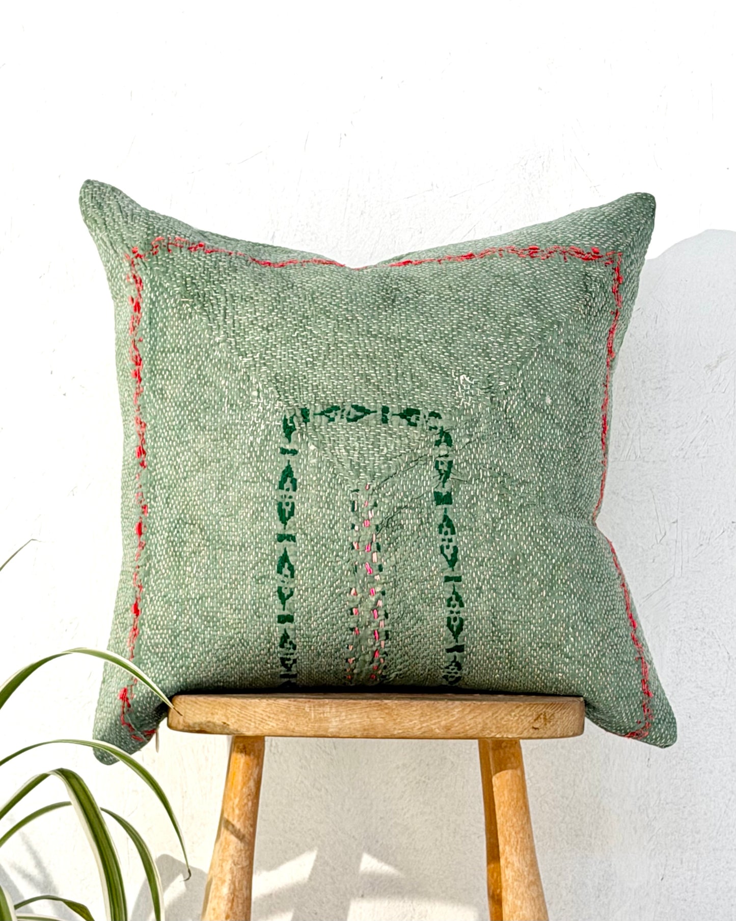 Vintage Kantha Cushion Cover In Soft Green With Orange Embroidery - 50cm Square