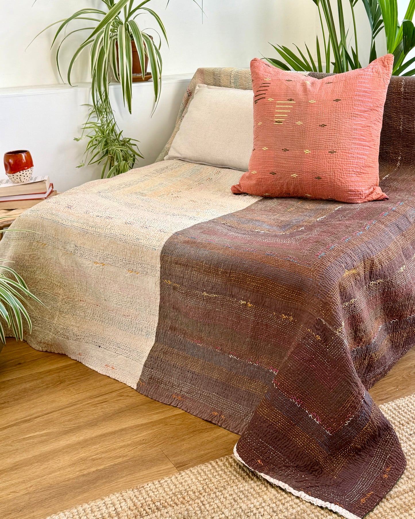 Vintage Embroidered Saami Ralli Quilt in Dark Blue, Green With Brown Colour Block Reverse