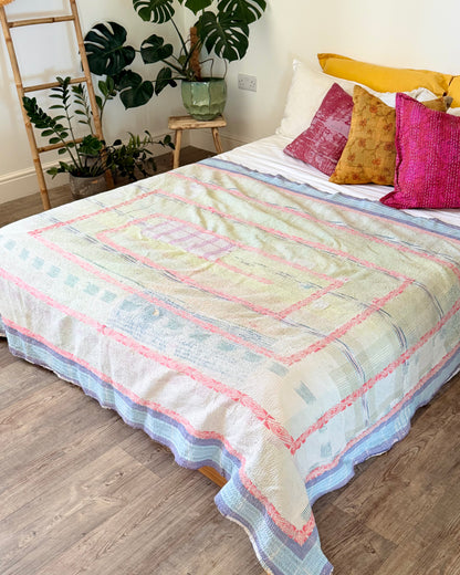 Embroidered Vintage Kantha Quilt in Yellow, Pink and White