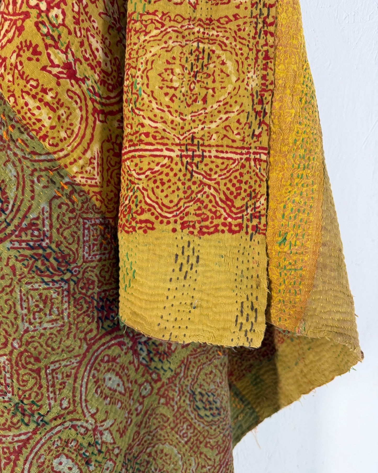 Ajrakh Printed Vintage Kantha Quilt In Green-Gold - Biggs & Hill