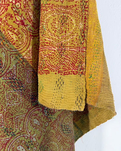 Ajrakh Printed Vintage Kantha Quilt In Green-Gold - Biggs & Hill