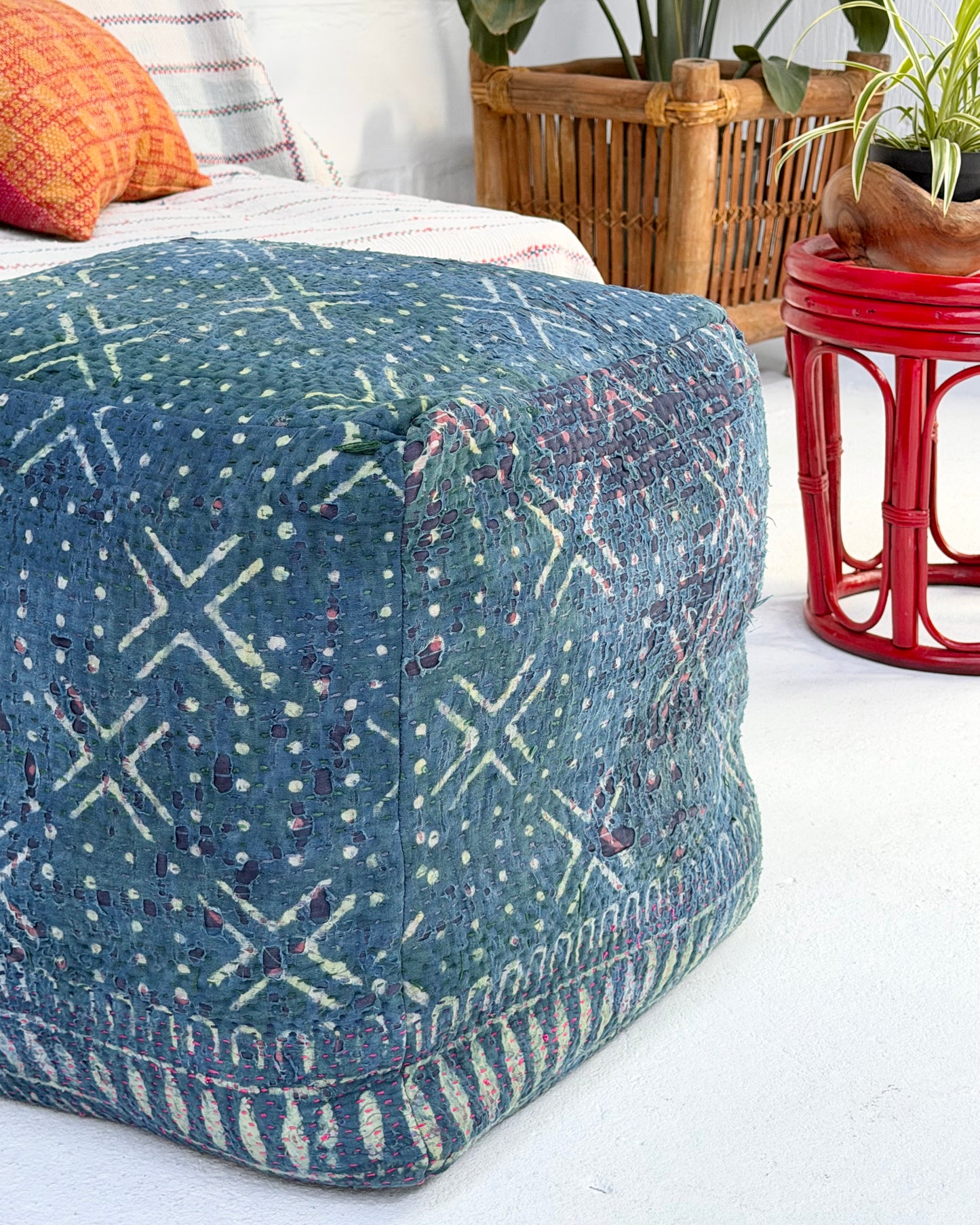 Cube Kantha Pouf Cushion Cover With Indigo Block Print