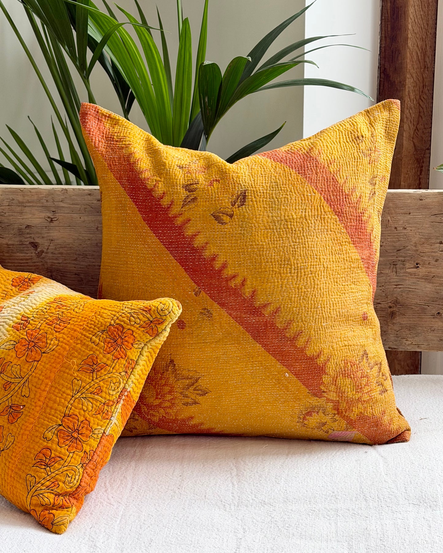 Vintage Kantha Cushion In Yellow and Blue - 45cm Square
