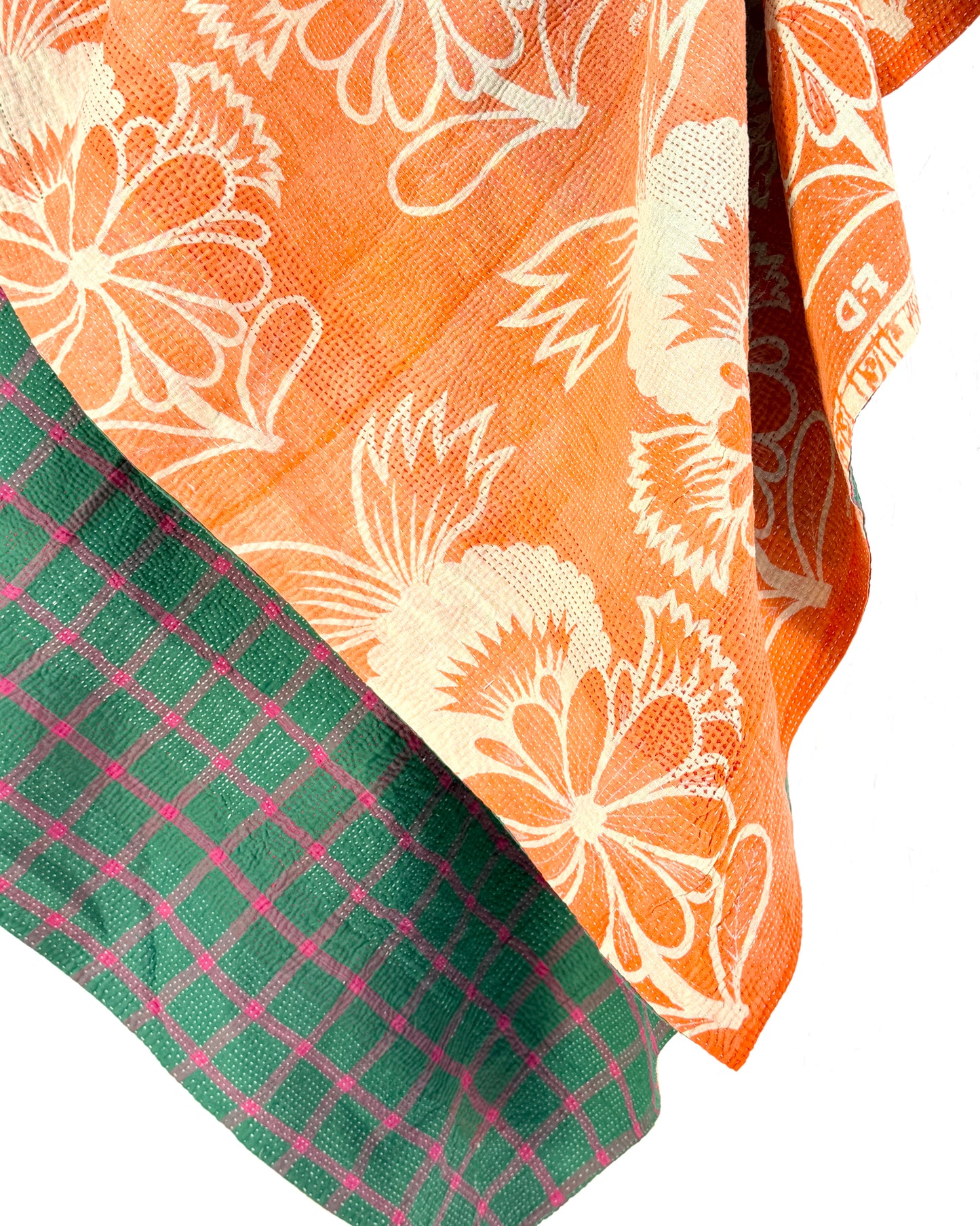 Large Fine Stitched Vintage Kantha Quilt in Orange and Green