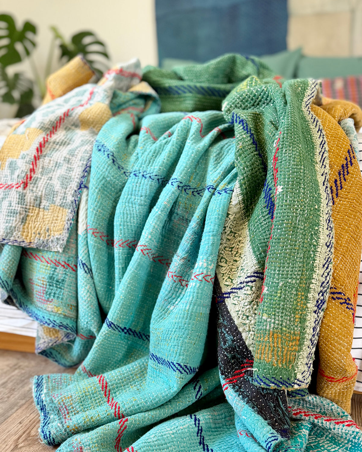 Extra Large Fine Stitched Embroidered Vintage Kantha Quilt in Green, Blue and Terracotta