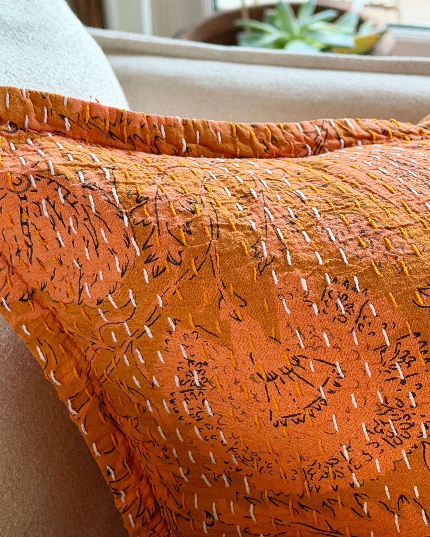 Sunset Orange Floral Block Printed Hand Stitched Square Kantha Cushion