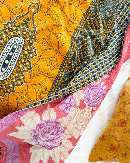 Extra Large Fine Stitched Vintage Kantha Quilt in Pink Floral, Yellow and Blue - Biggs & Hill