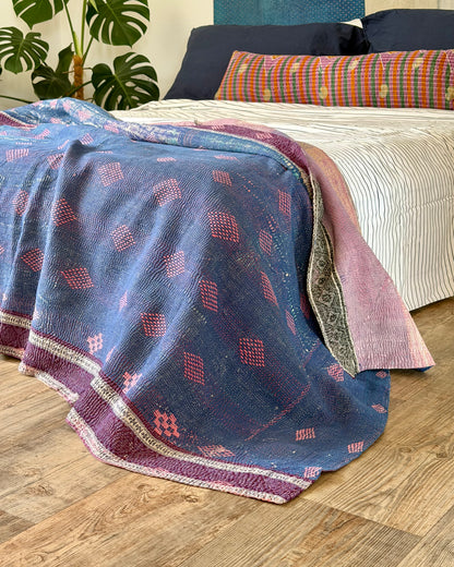 Heavy Fine Stitched Embroidered Vintage Kantha Quilt in Blue and Pink