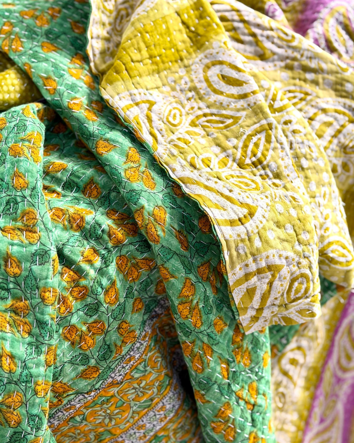 Large Fine Stitched Vintage Kantha Quilt in Green - Biggs & Hill