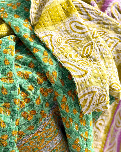 Large Fine Stitched Vintage Kantha Quilt in Green - Biggs & Hill