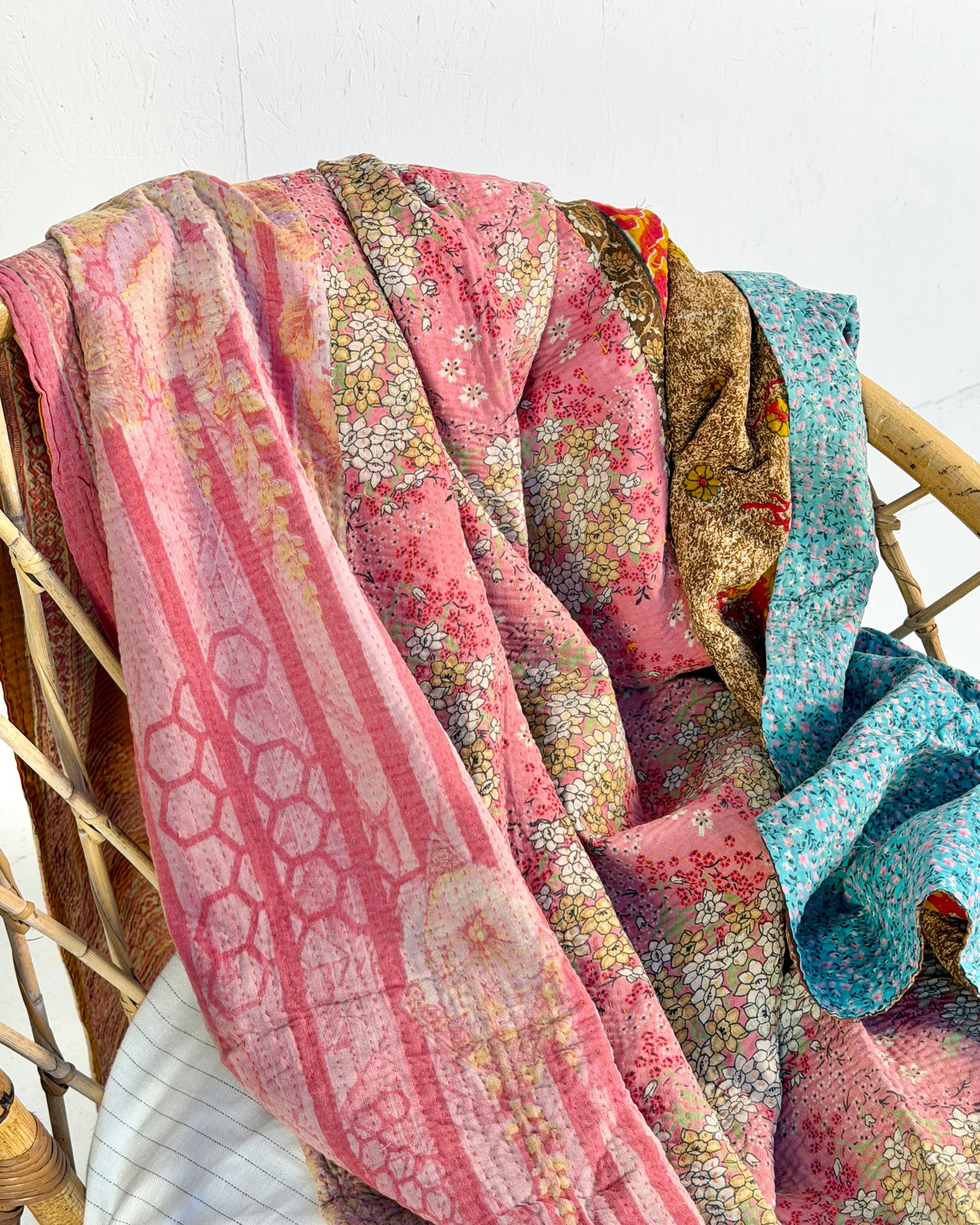 Extra Large Large Fine Stitched Vintage Kantha Quilt in Vibrant Pink, Turquoise, Mustard and Red