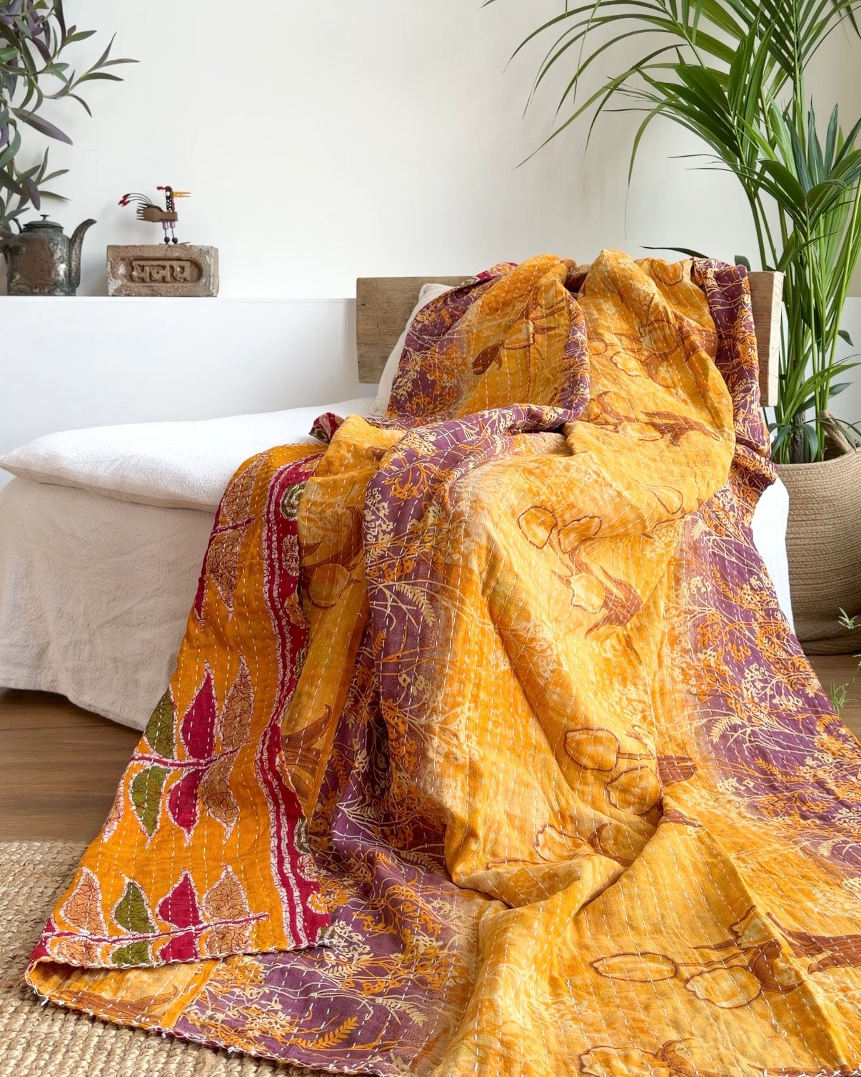 Vintage Cotton Kantha Quilt In Yellow And Lilac #35