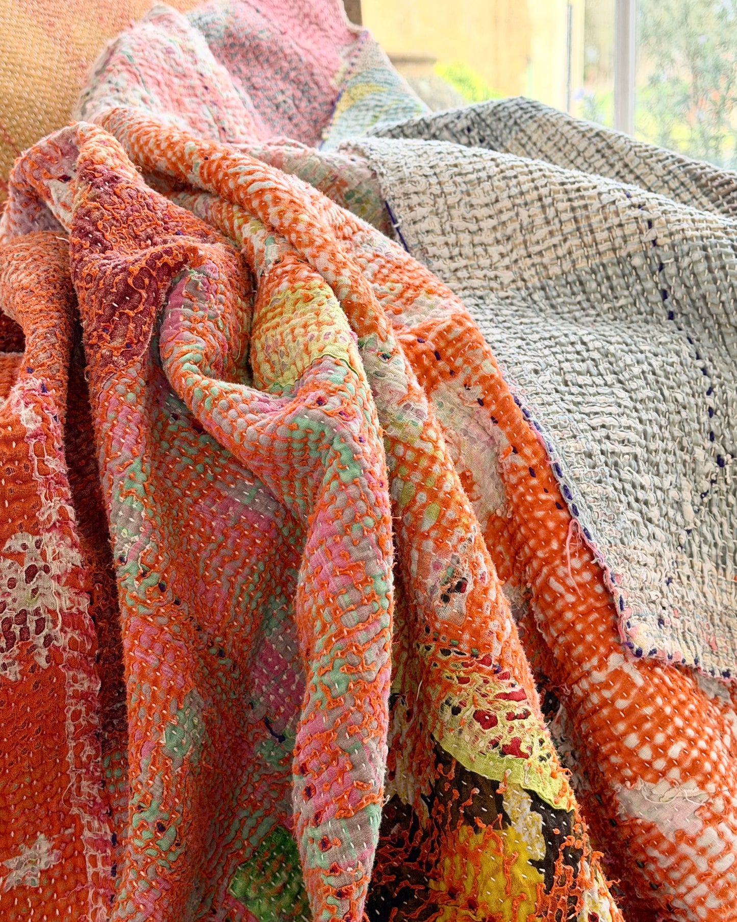 Vintage Kantha Quilt in Pink, Orange and Blue