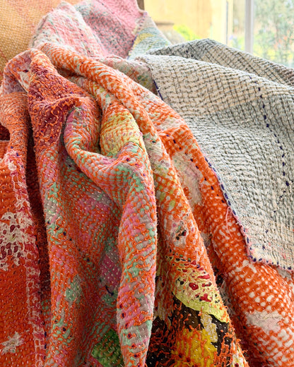 Vintage Kantha Quilt in Pink, Orange and Blue