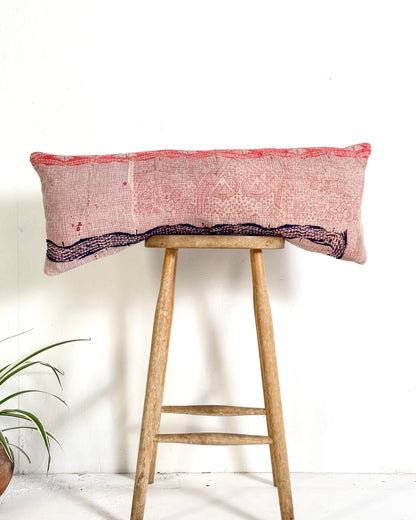 Vintage Kantha Bolster Cushion Cover In Green and Pink with Embroidery 30 x 80cm