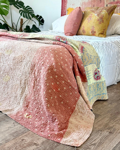 Large Fine Stitched Vintage Kantha Quilt in Soft Green and Brown - FIRST picture - Biggs & Hill