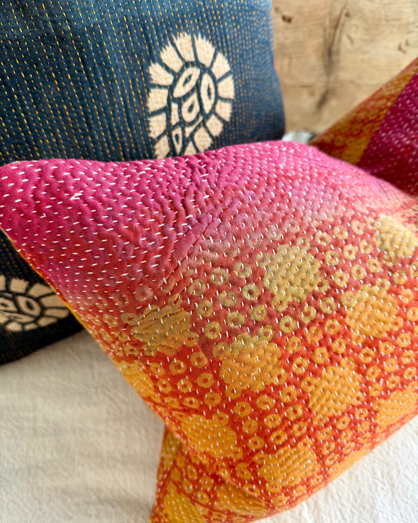 Vintage Kantha Cushion In Pink and Yellow - Small Rectangular