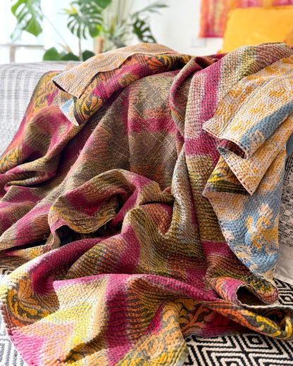Large Textured Vintage Kantha Quilt in Geometric Pink and yellow - Biggs & Hill
