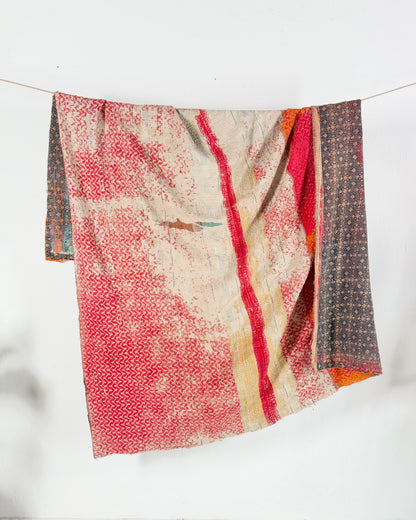 Large Textured Vintage Kantha Quilt in Red and Blue