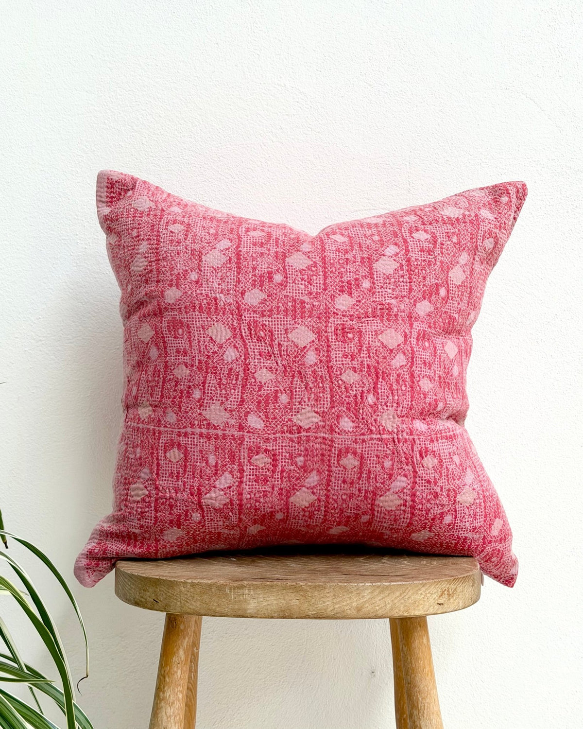Handmade Vintage Kantha Cushion Cover In Pink- 45cm (18") Square - Biggs & Hill
