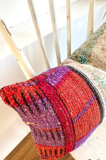 Vintage Kantha Cushion In Purple and Blue - Small Rectangular - Biggs & Hill