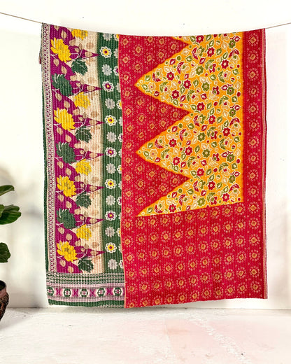 Vintage Cotton Kantha Quilt In Red and Green 07 - Biggs & Hill