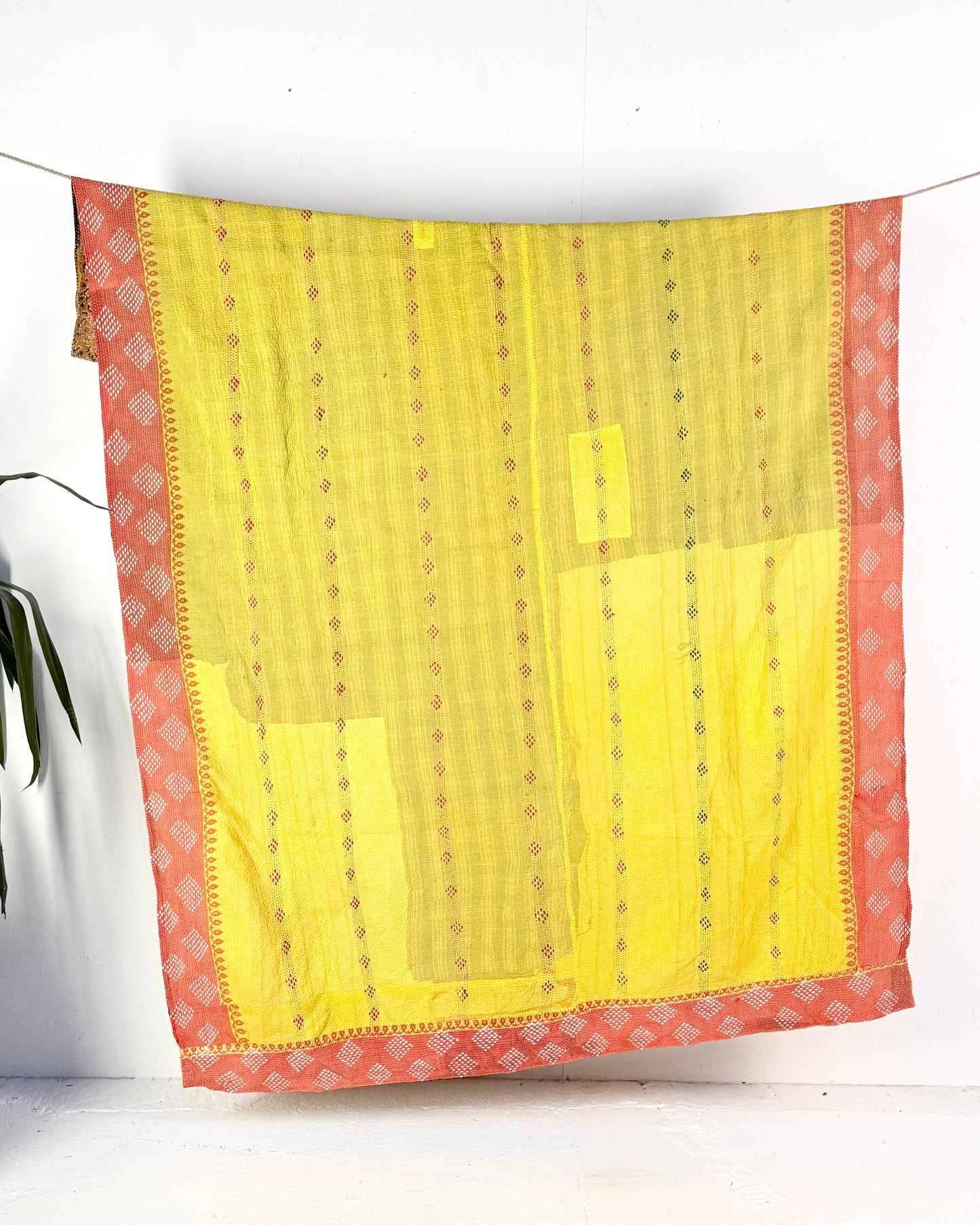 Large Embroidered Vintage Kantha Quilt in Yellow and Orange