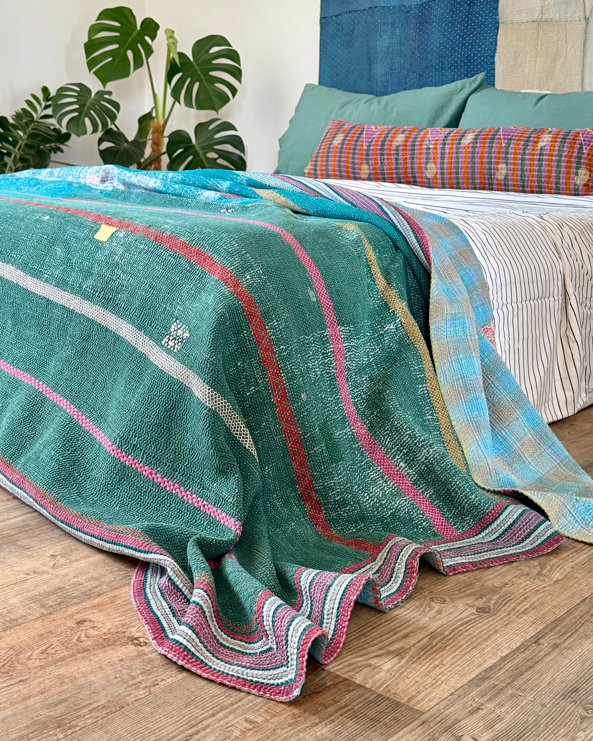 Extra Large Heavy Embroidered Vintage Kantha Quilt in Green and Blue