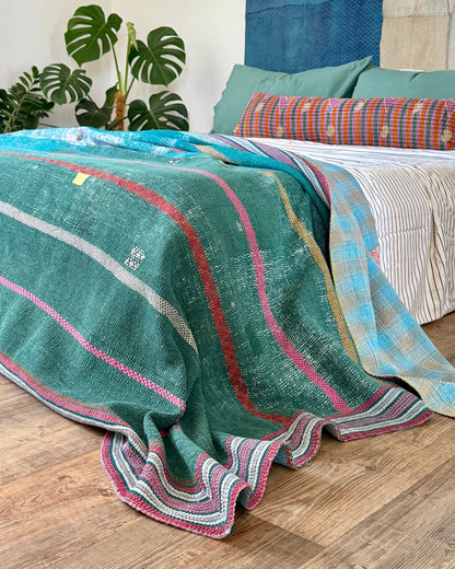 Extra Large Heavy Embroidered Vintage Kantha Quilt in Green and Blue