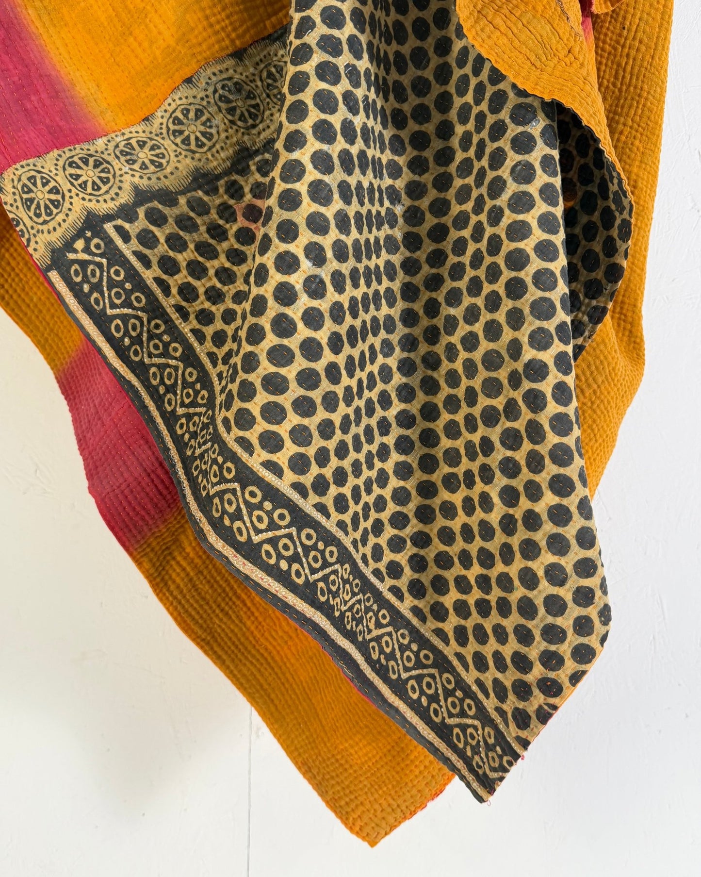Fine Stitched Vintage Kantha Quilt in Vibrant Pink and Yellow with Dot Pattern - Biggs & Hill