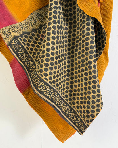 Fine Stitched Vintage Kantha Quilt in Vibrant Pink and Yellow with Dot Pattern - Biggs & Hill