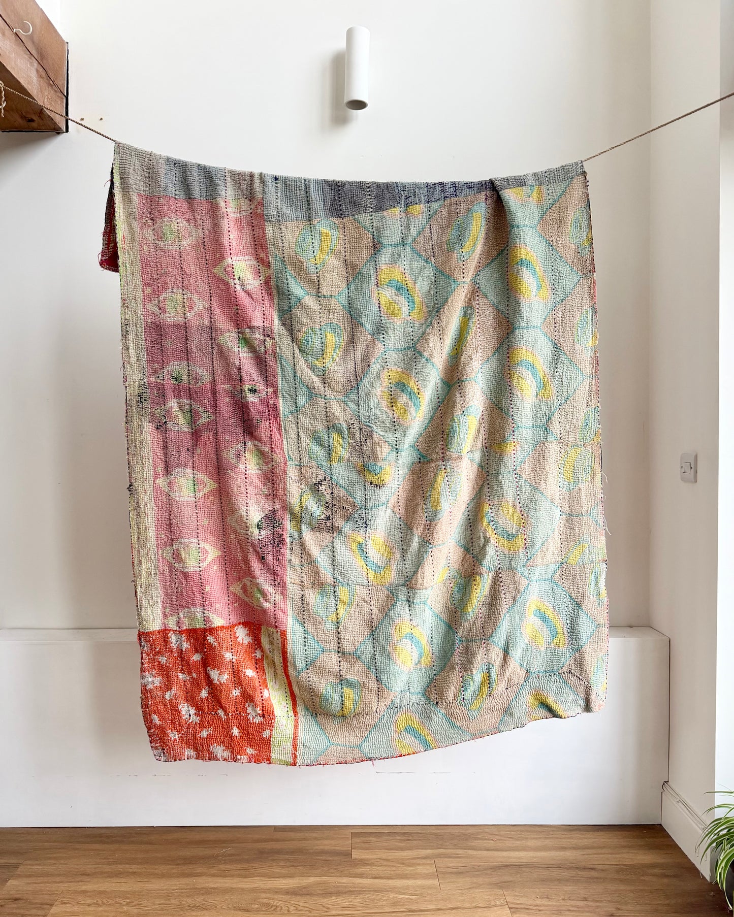 Vintage Kantha Quilt in Pink, Orange and Blue