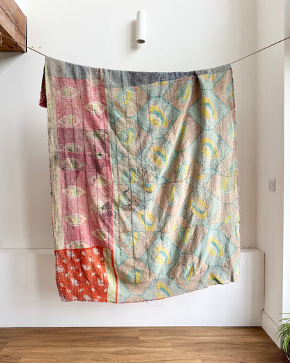 Vintage Kantha Quilt in Pink, Orange and Blue
