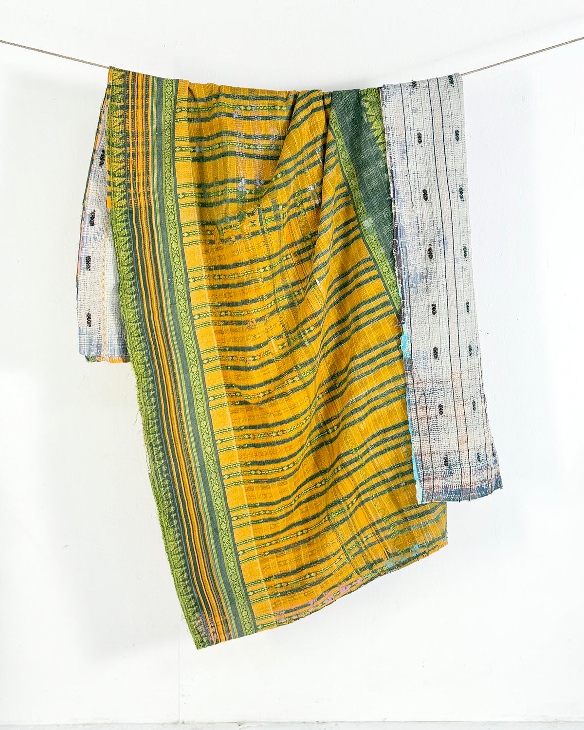 Textured Vintage Kantha Quilt In Orange, Green and White