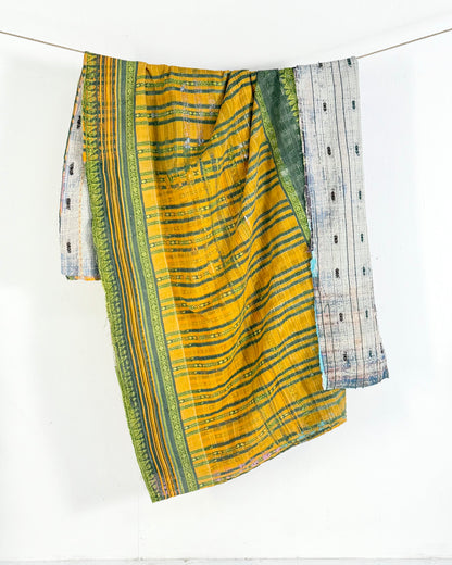 Textured Vintage Kantha Quilt In Orange, Green and White