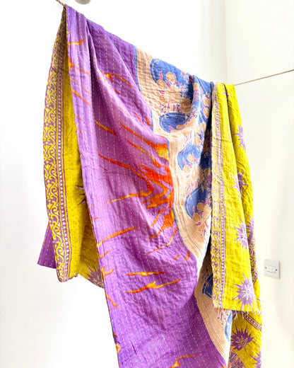 Vintage Cotton Kantha Quilt In Purple and Yellow #41
