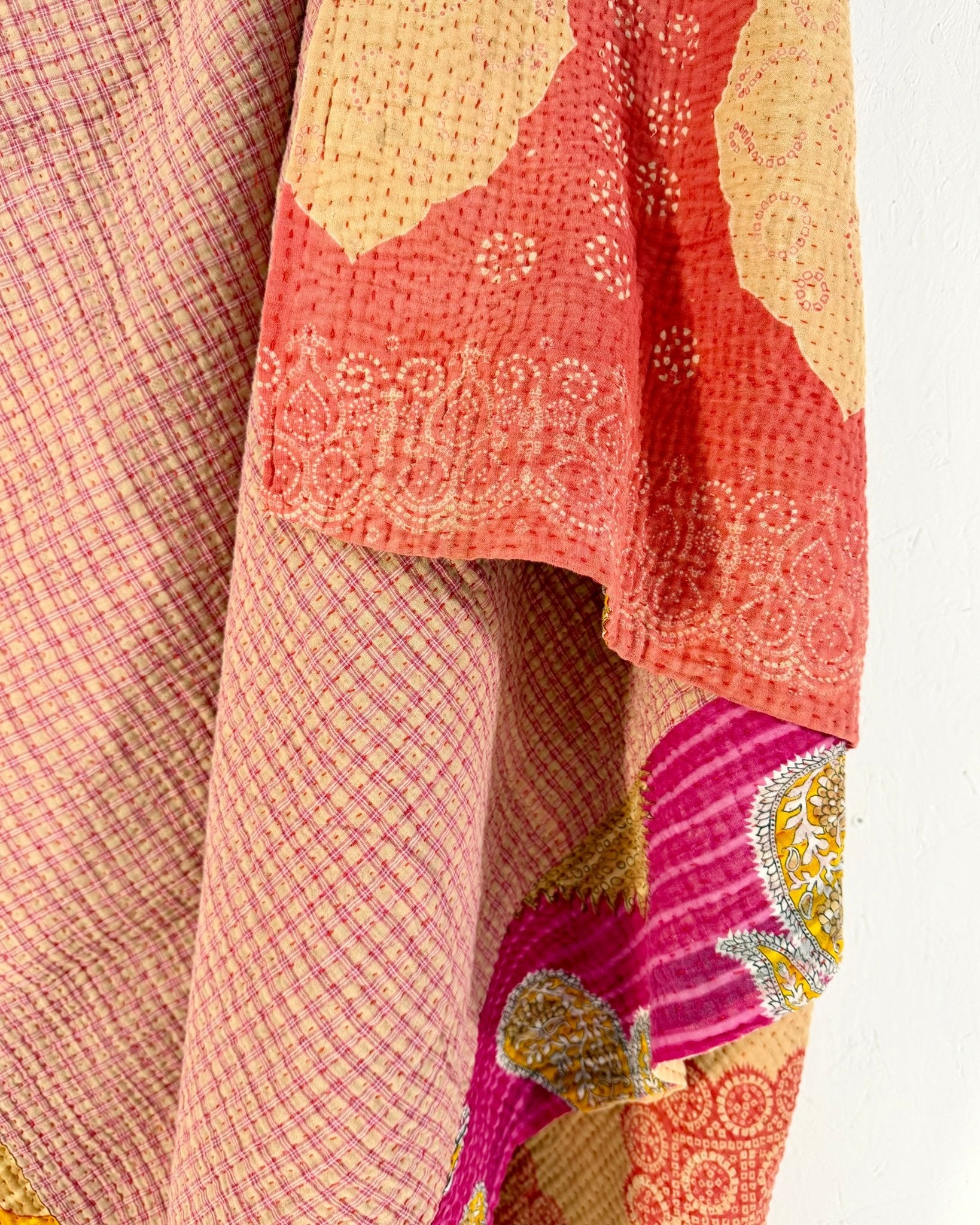 Large Fine Stitched Vintage Kantha Quilt in Pink and Peachy Orange - Biggs & Hill