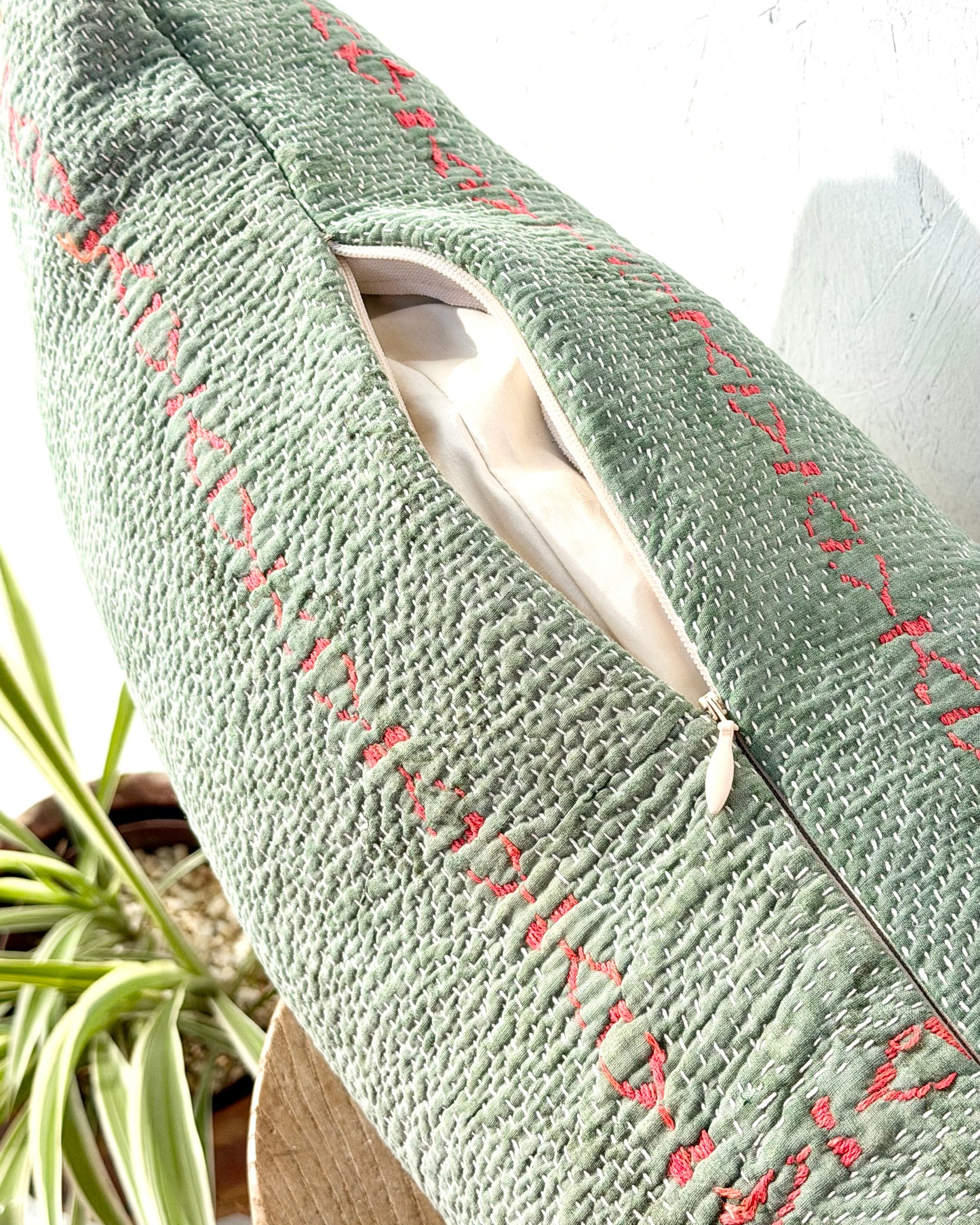 Vintage Kantha Bolster Cushion Cover In Green with Orange Embroidery - 100cm