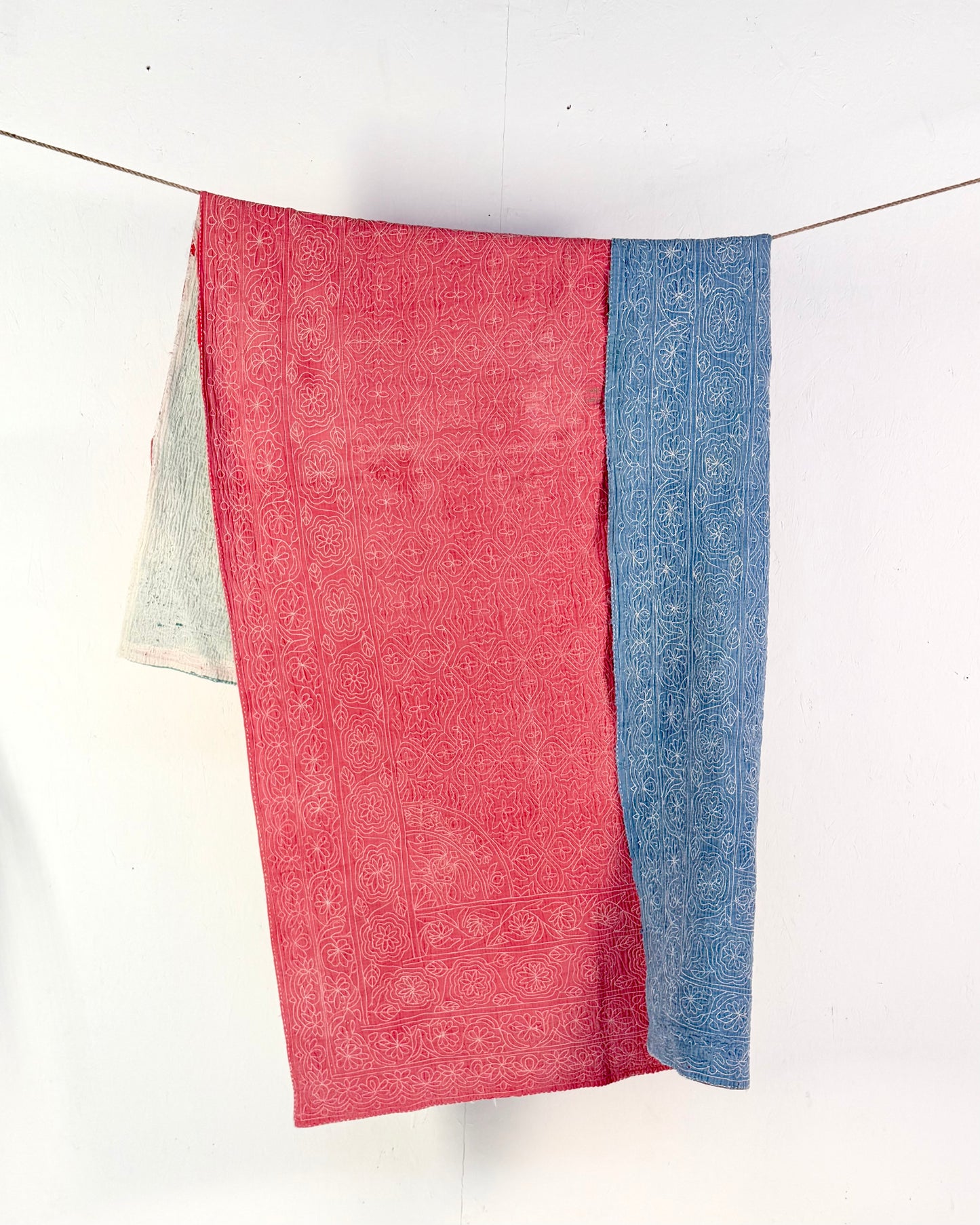 Embroidered Sujini Vintage Kantha Quilt In Faded Pink With Bengali Writing