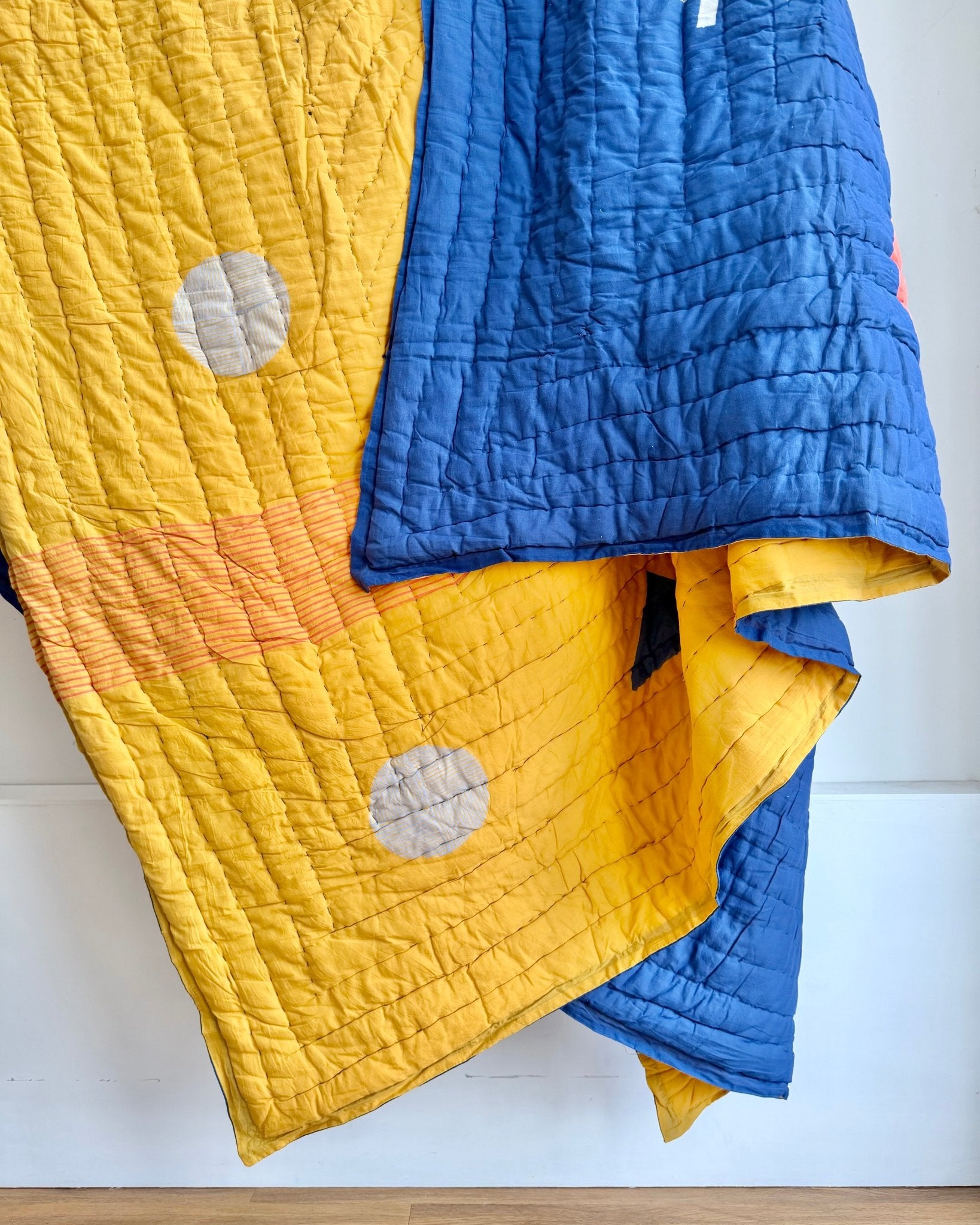 Quilted Kantha In Blue and Yellow With Geometric Patterns - SUPER KING - Biggs & Hill