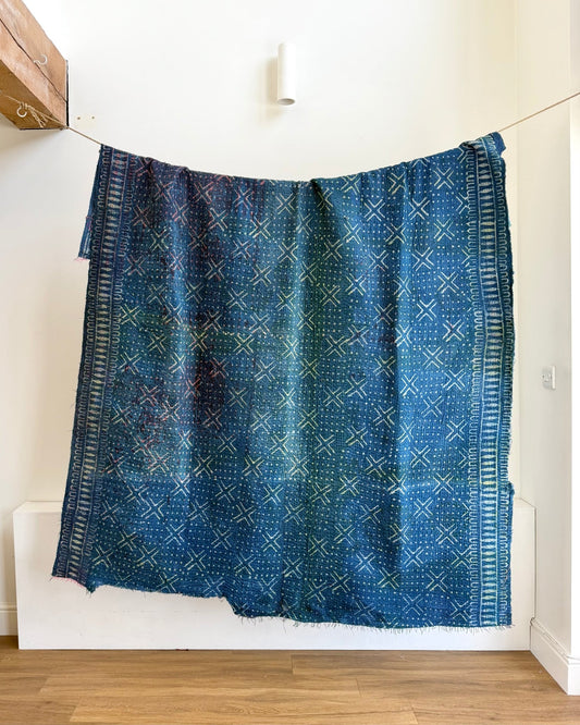 Project Kantha Quilt: Indigo Print With Authentic Aged Texture - Biggs & Hill