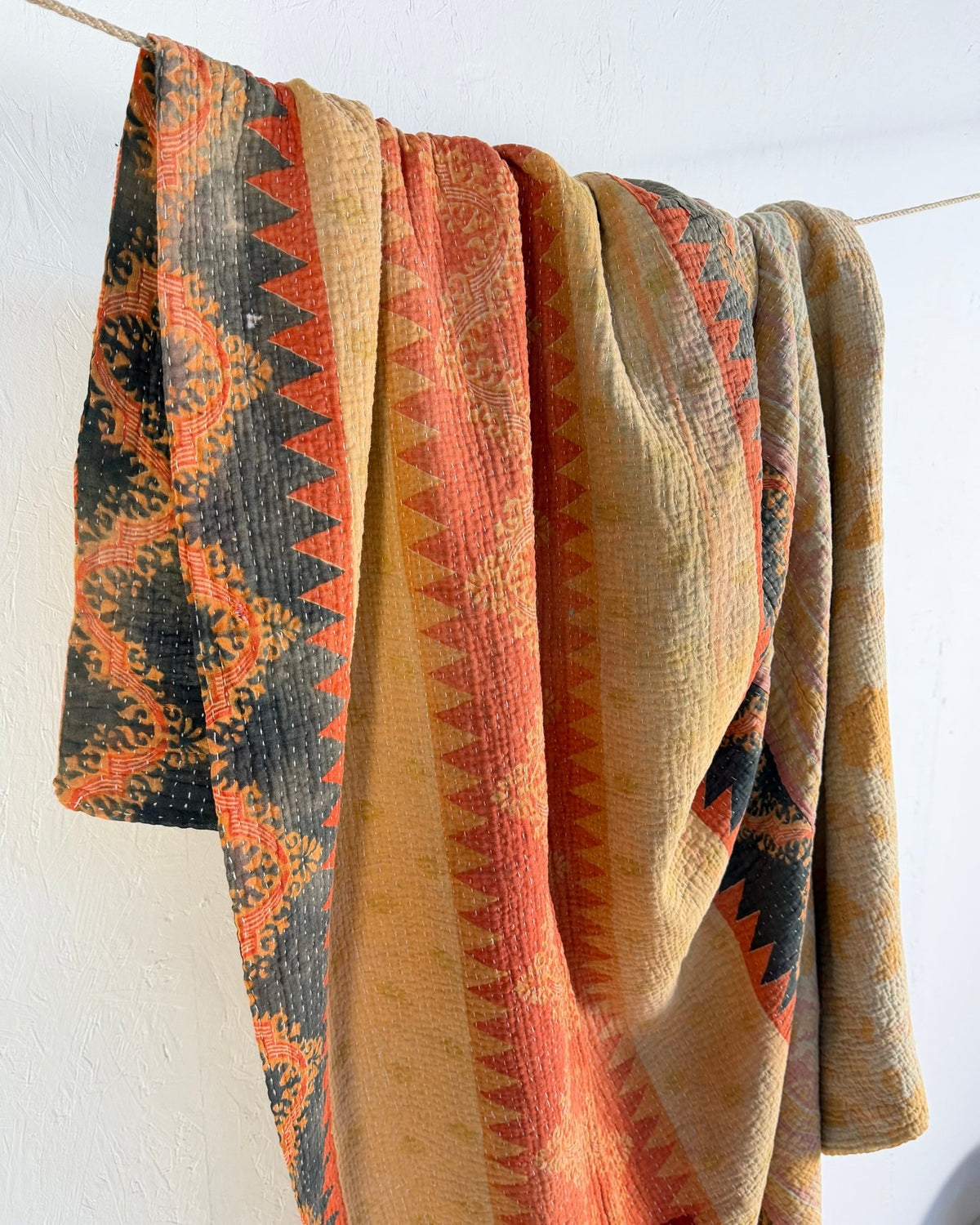 Fine Stitched Vintage Kantha Quilt in Beige and Orange Zig Zags - Biggs & Hill