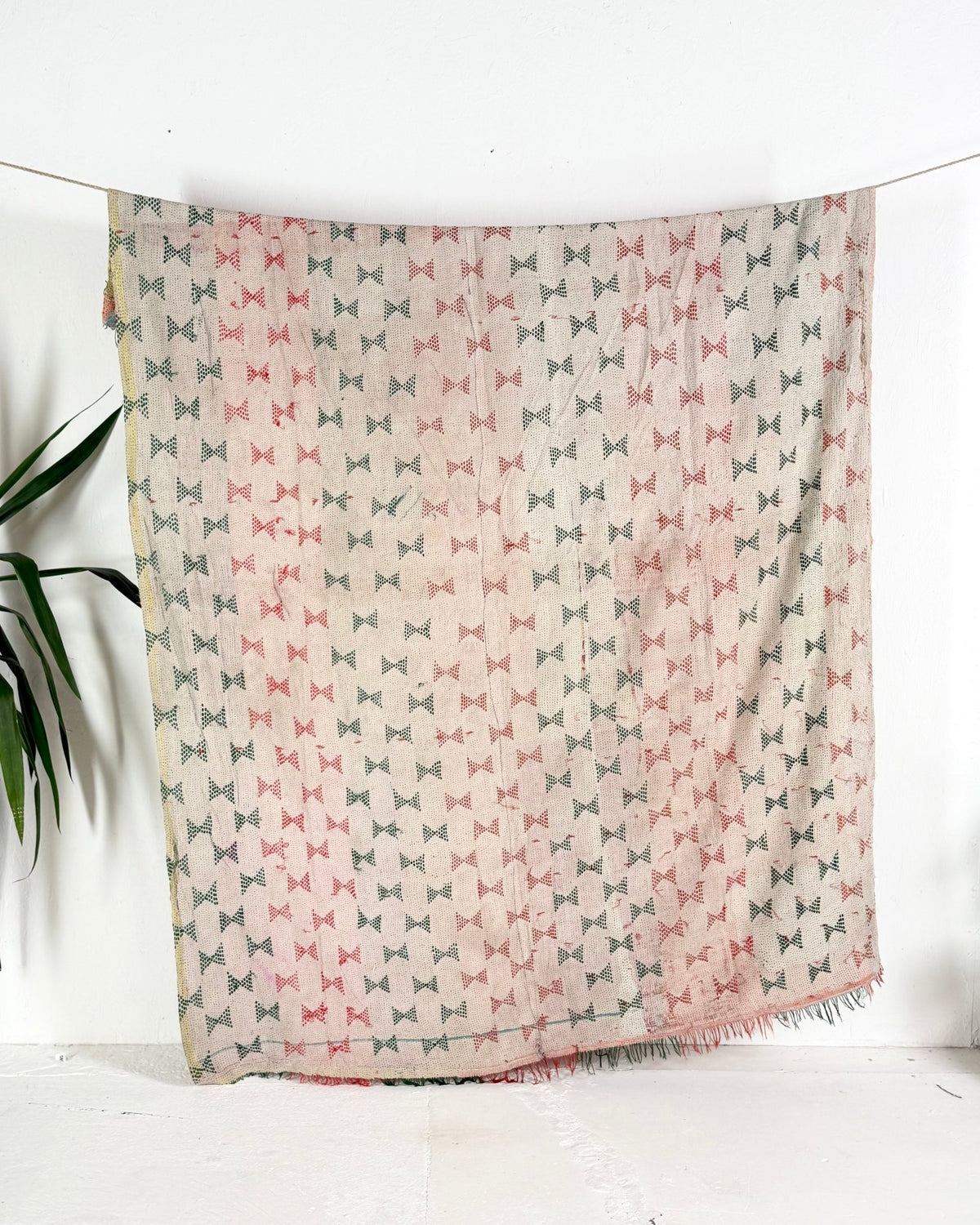 Embroidered Vintage Kantha Quilt in Peachy Pink, Yellow and White - Biggs & Hill